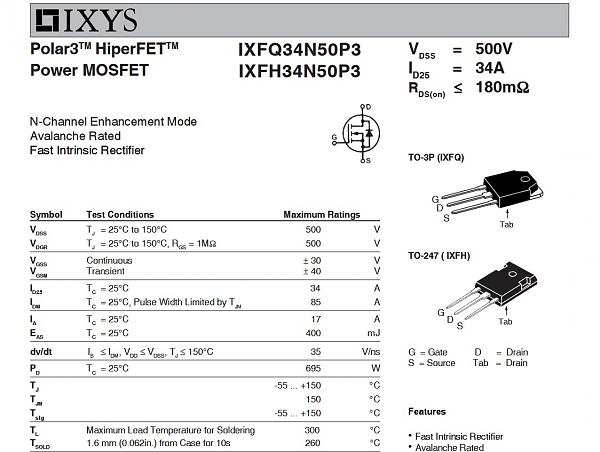 Продам Транзистор IXFH34N50P3 N-Channel MOSFET, 34A/500V